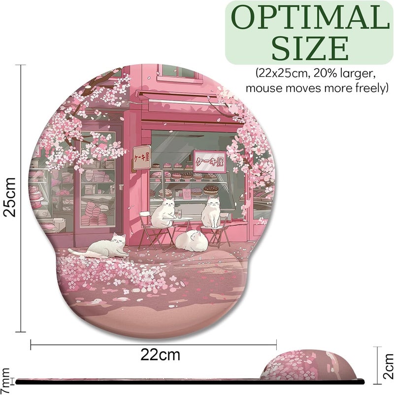 LIMKRIAN Cat Ergonomic Mouse Pad with Wrist Rest, Pink Cherry Blossom Computer Mouse Pad Wrist Support with Non-Slip Pain Relief PU Base, Cute Office Desk Decor Accessories Japanese Dessert House - Image 4